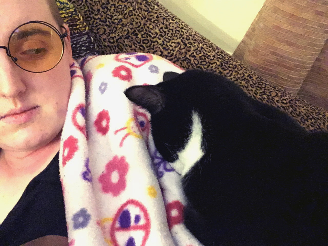 Worm, napping A black and white cat sleeps facedown on top of a white person in their twenties who is wearing glasses with yellow glass. They are looking at the cat out of the corner of their eye.
